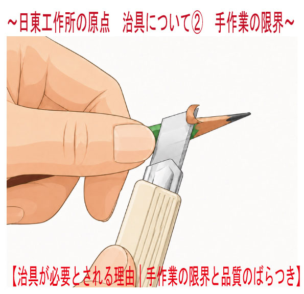 手作業による品質のばらつきと治具の必要性を説明する鉛筆削りのイラスト